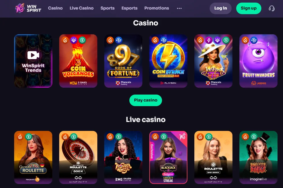 WinSpirit Casino mobile view